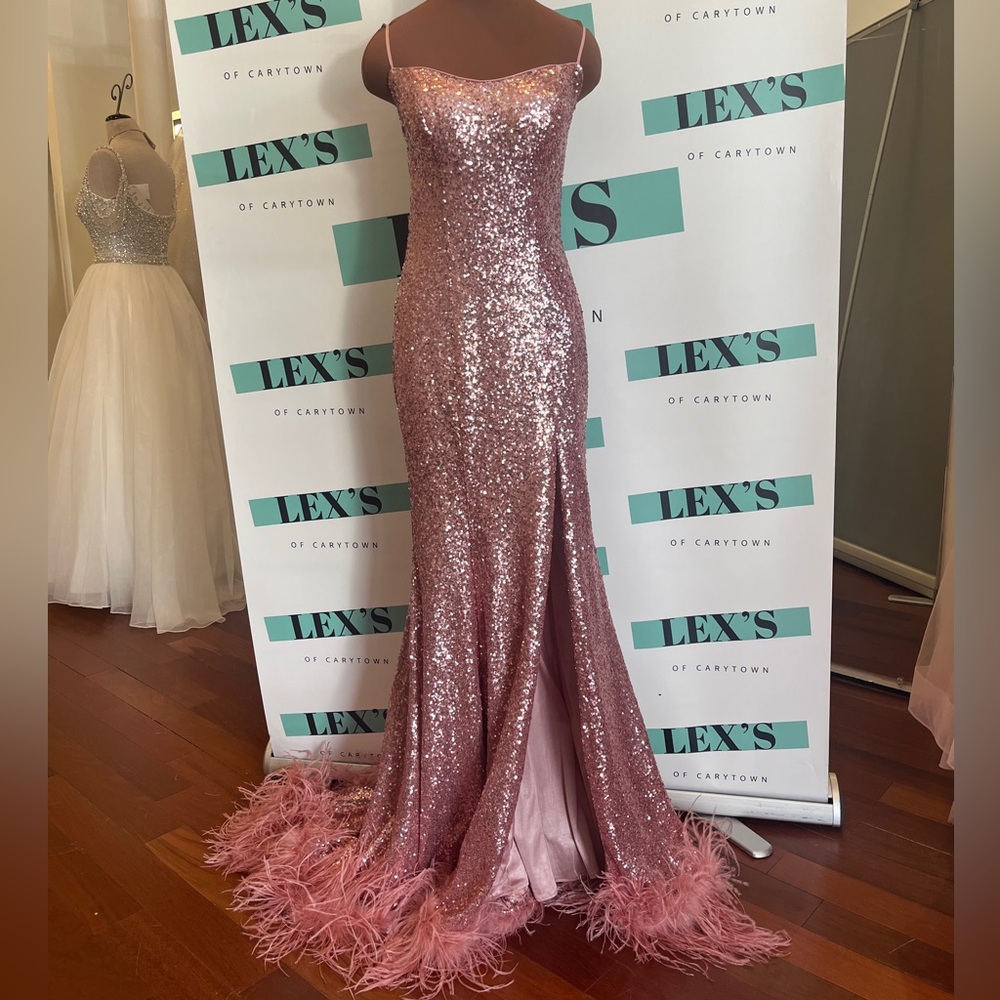 Sherri Hill Pink Sequin Dress with Feather Detail